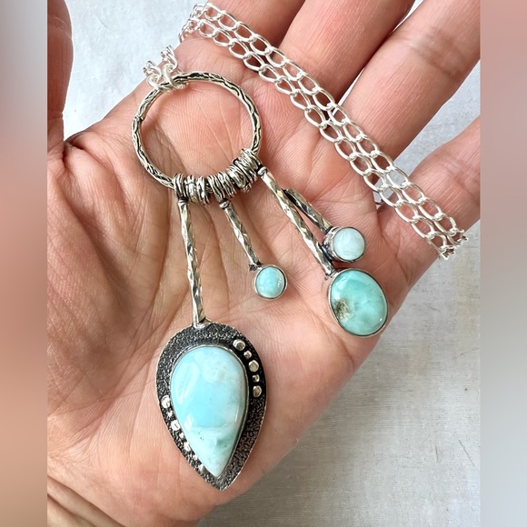 925 WOW WOW!! Caribbean Larimar Multi Charm Hammered Pendant Necklace
